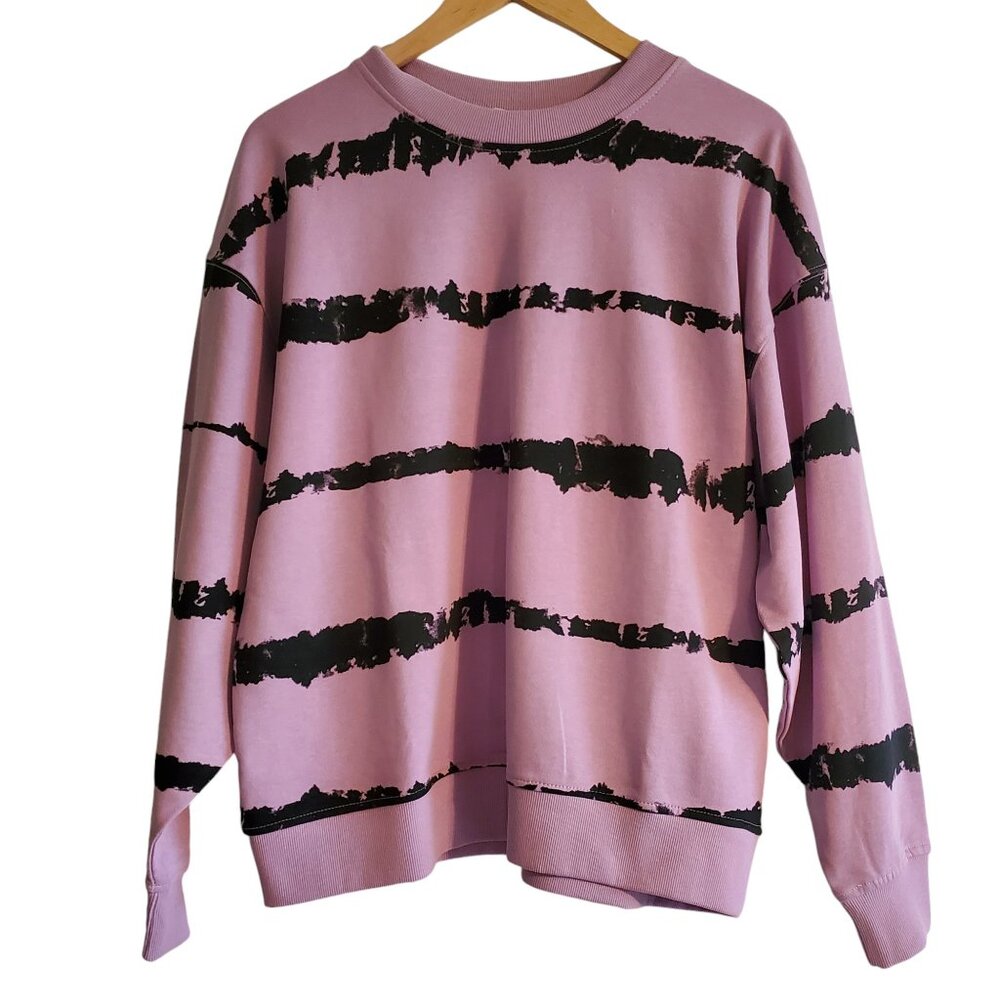 NWT ICHI Organic Purple with Black Abstract Stripes Crew Sweatshirt Size M